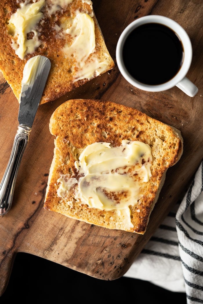 Toasted 90 Second Keto Bread with butter and coffee