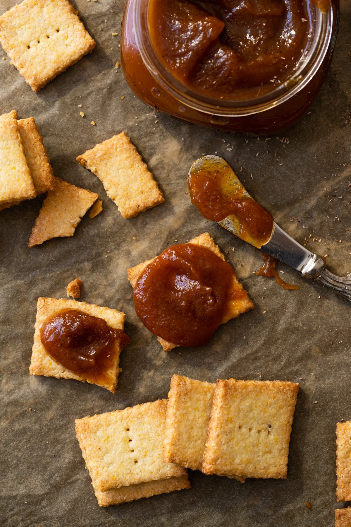 Low carb cornbread crackers served with pumpkin butter