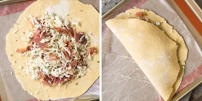 Adding the filling and shaping the keto calzone