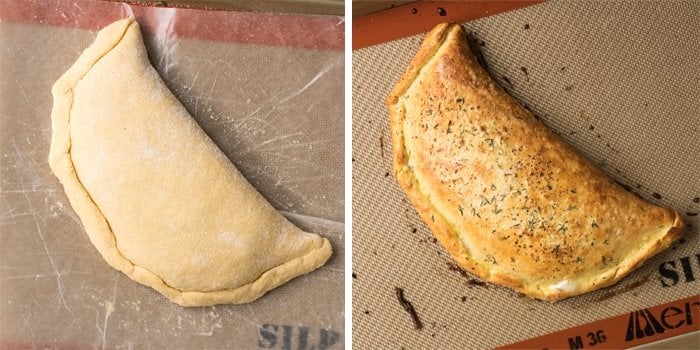 Keto calzone on a baking tray before and after baking