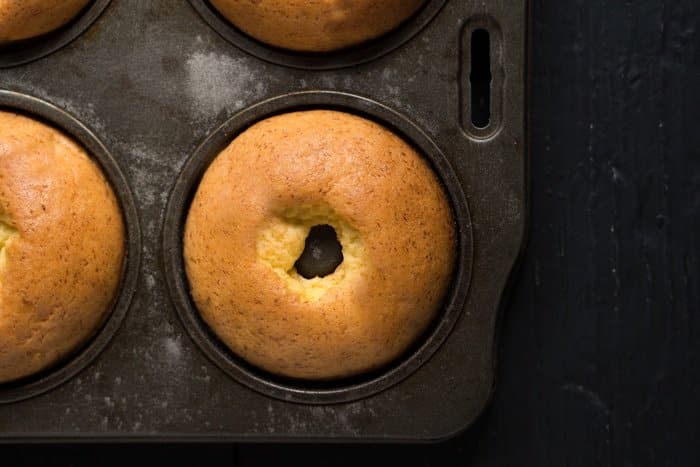 Freshly baked keto donut in metal tray