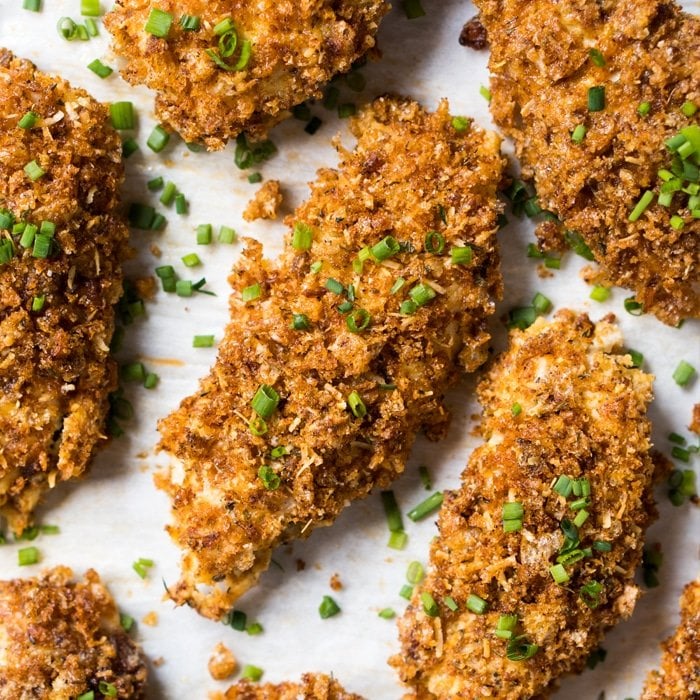 Freshly baked keto chicken tenders with chives