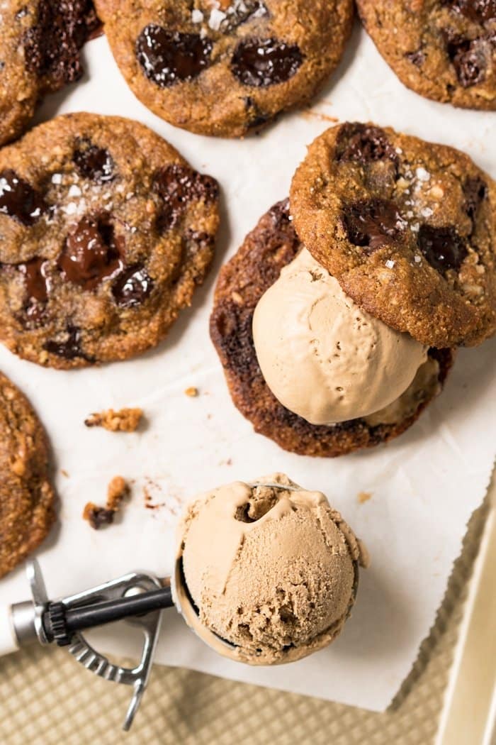 Making ice cream sandwiches with keto chocolate chip cookies