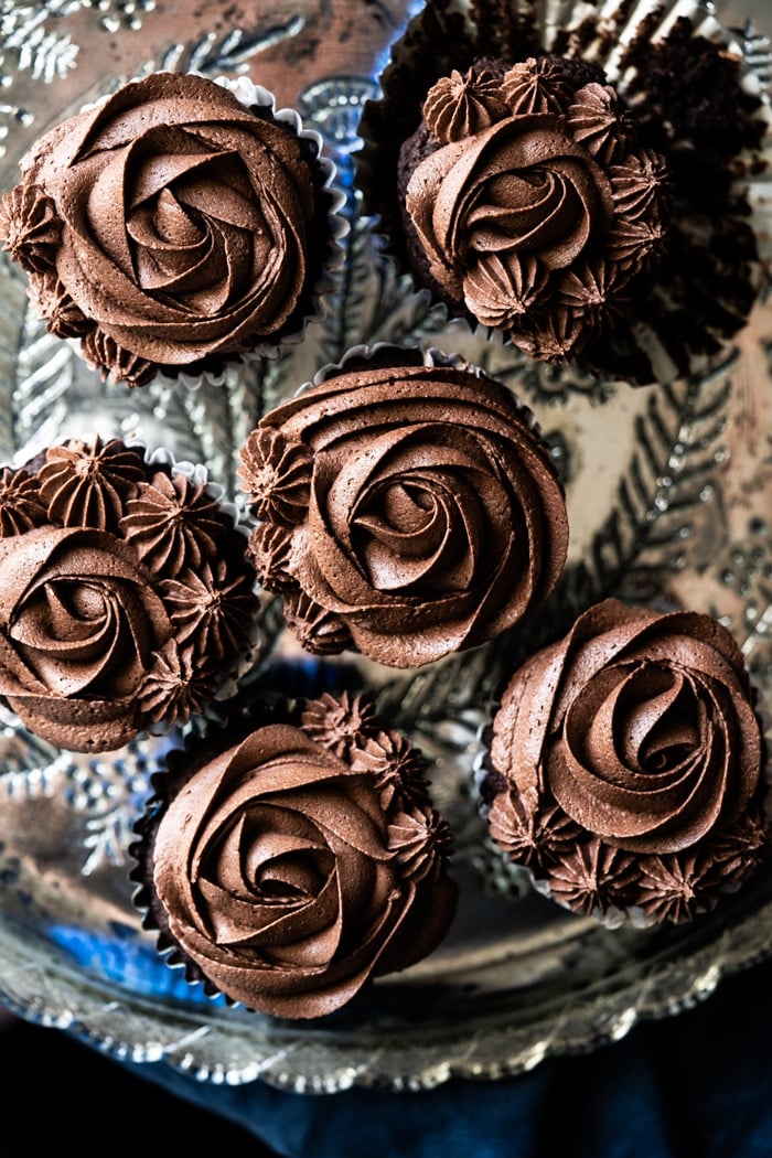 Cream cheese chocolate buttercream frosting piped as flowers