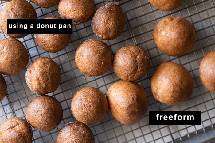 Comparing the donut holes baked in a pan versus on a baking mat