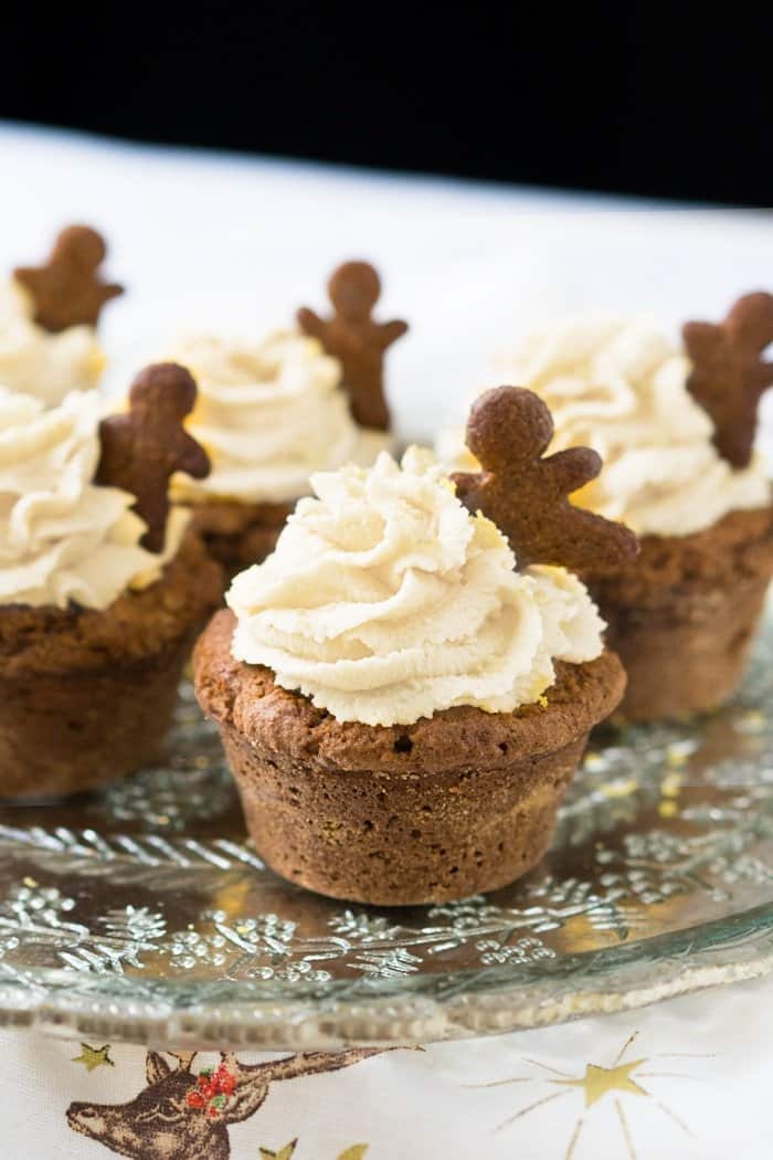 A gluten free & keto gingerbread cupcake with lemon buttercream frosting