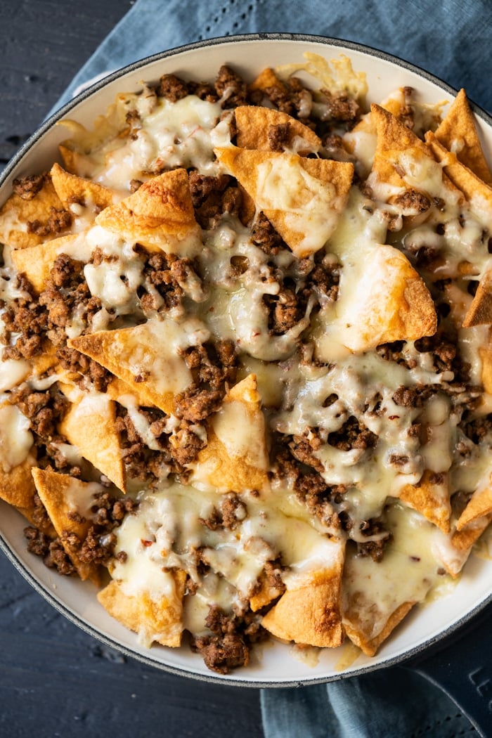 Freshly baked keto nachos with pepper jack cheese