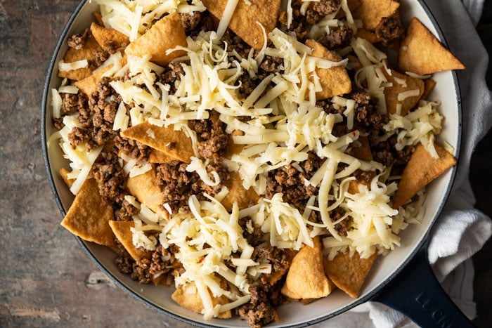 Unbaked keto nachos with beef and cheese