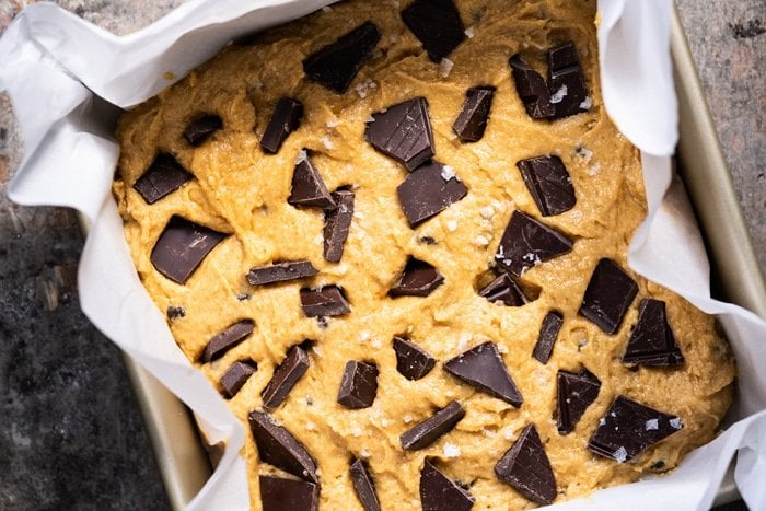 Unbaked keto peanut butter blondies with chocolate chunks