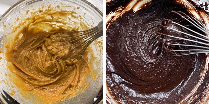The peanut butter and brownie batters in glass bowls with whisks