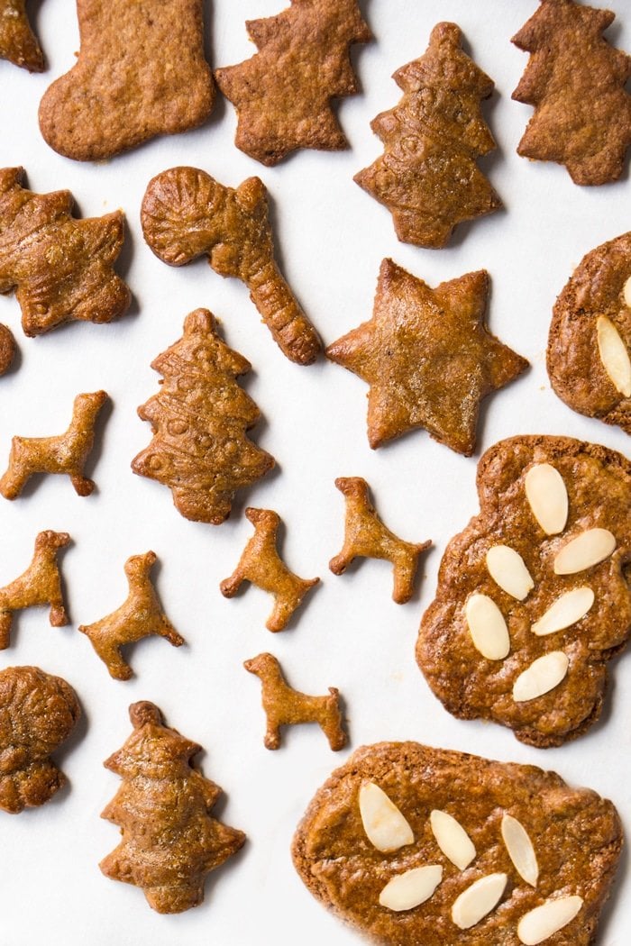 Keto speculoos cookies in different shapes: Christmas Tree, dogs, candy canes