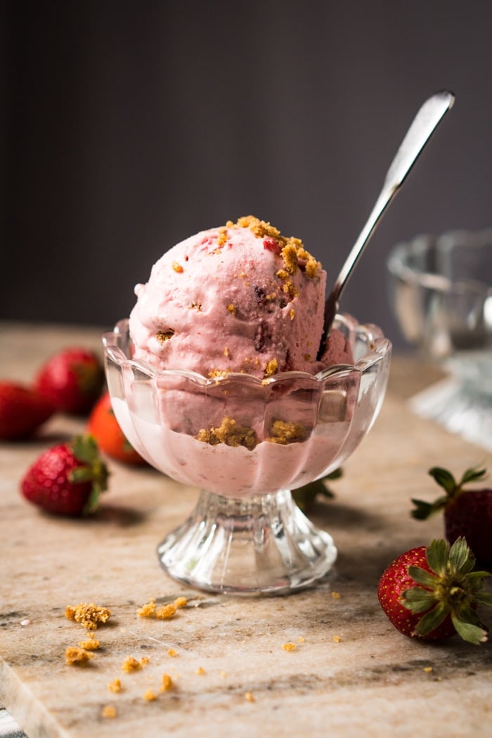 Two scoops of keto strawberry cheesecake ice cream
