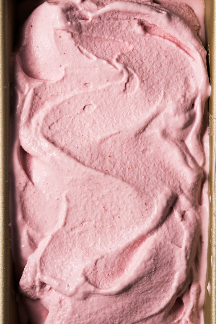Freshly made keto strawberry cheesecake ice cream