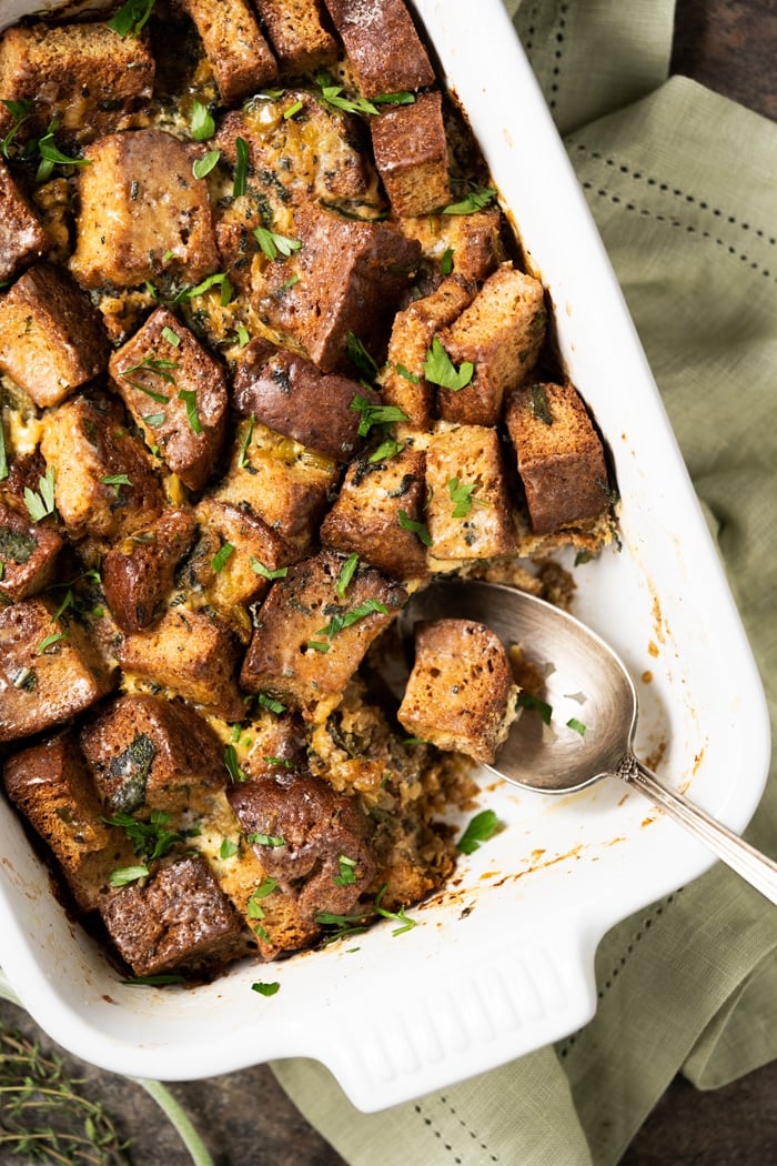 Keto Stuffing (i.e. Dressing) with a serving spoon