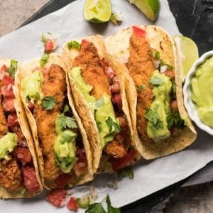 Keto fish tacos with guacamole and salsa