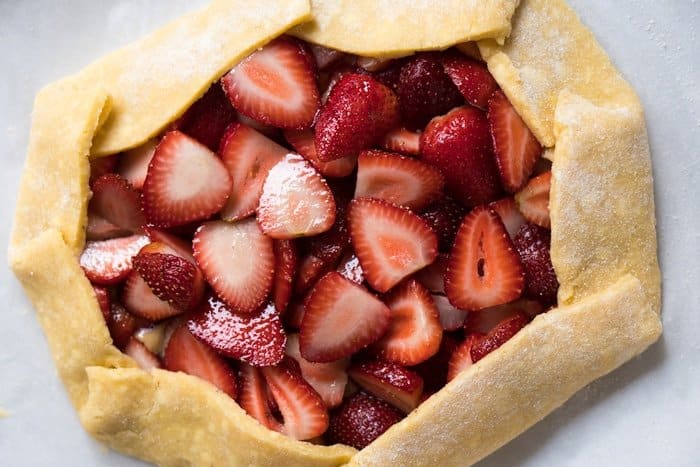 Unbaked strawberry galette with a keto pie crust