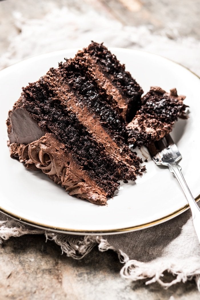 A slice of a layered keto chocolate cake