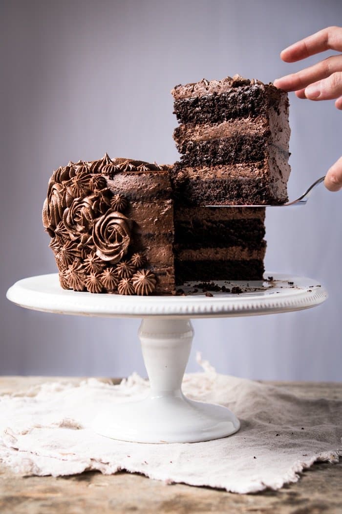 Tiered keto chocolate cake with buttercream frosting
