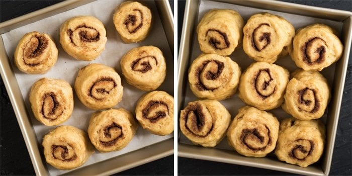 Comparison of keto cinnamon rolls before and after rise