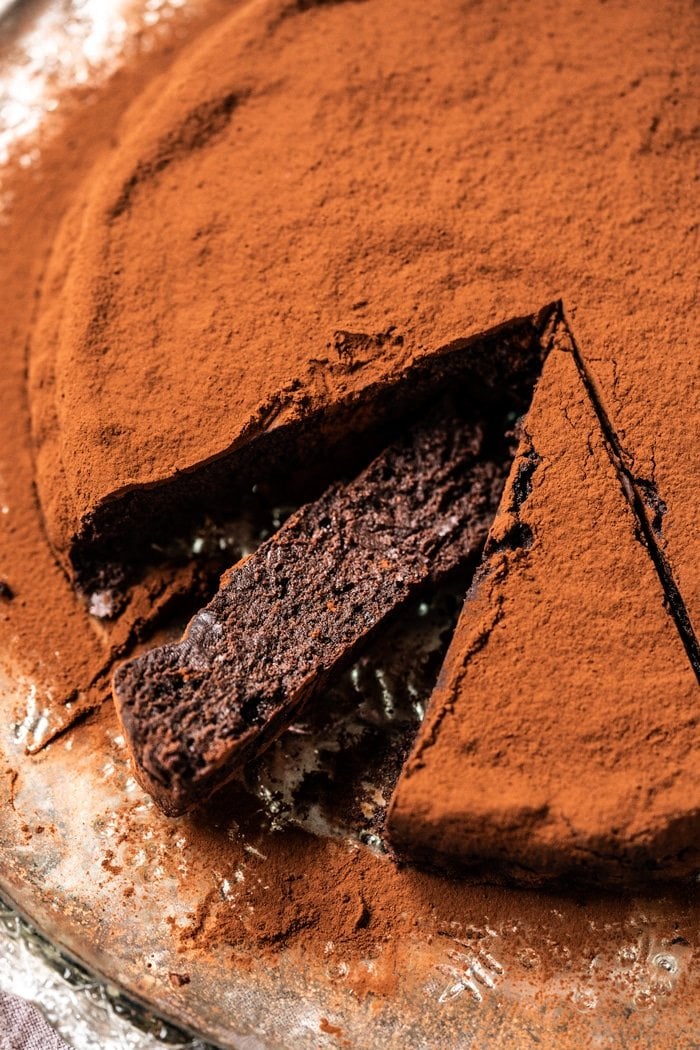 Sliced paleo and keto flourless chocolate cake