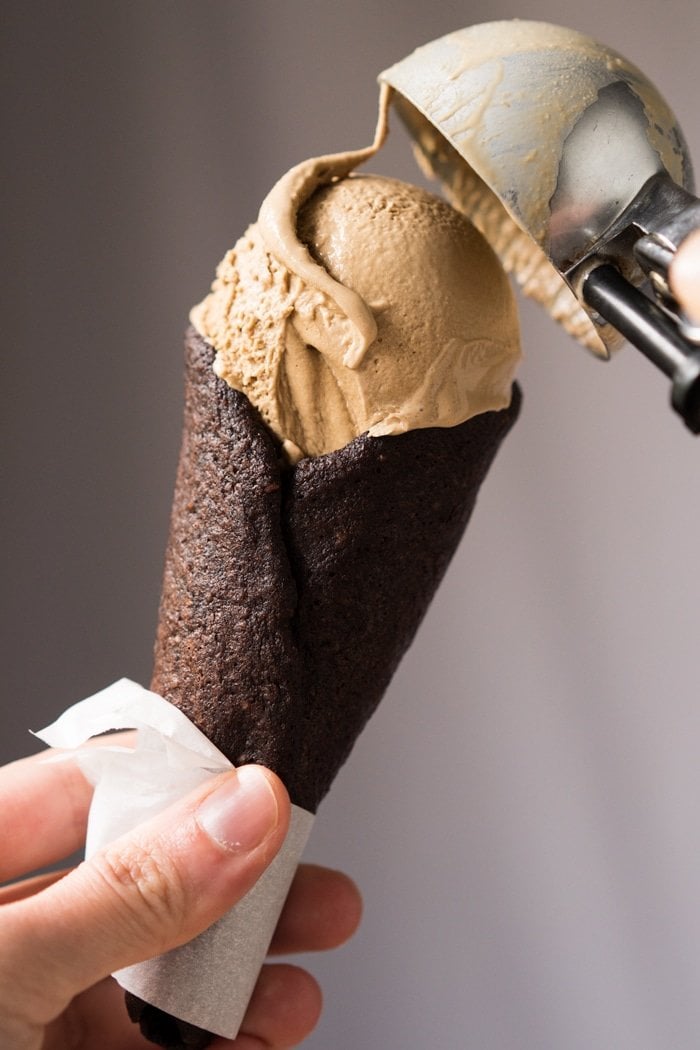 Keto chocolate ice cream cones with caramel ice cream