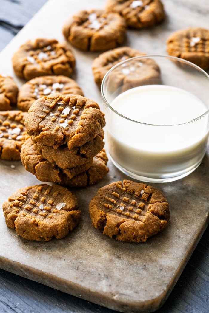 Keto peanut butter cookies with a glass of almond milk