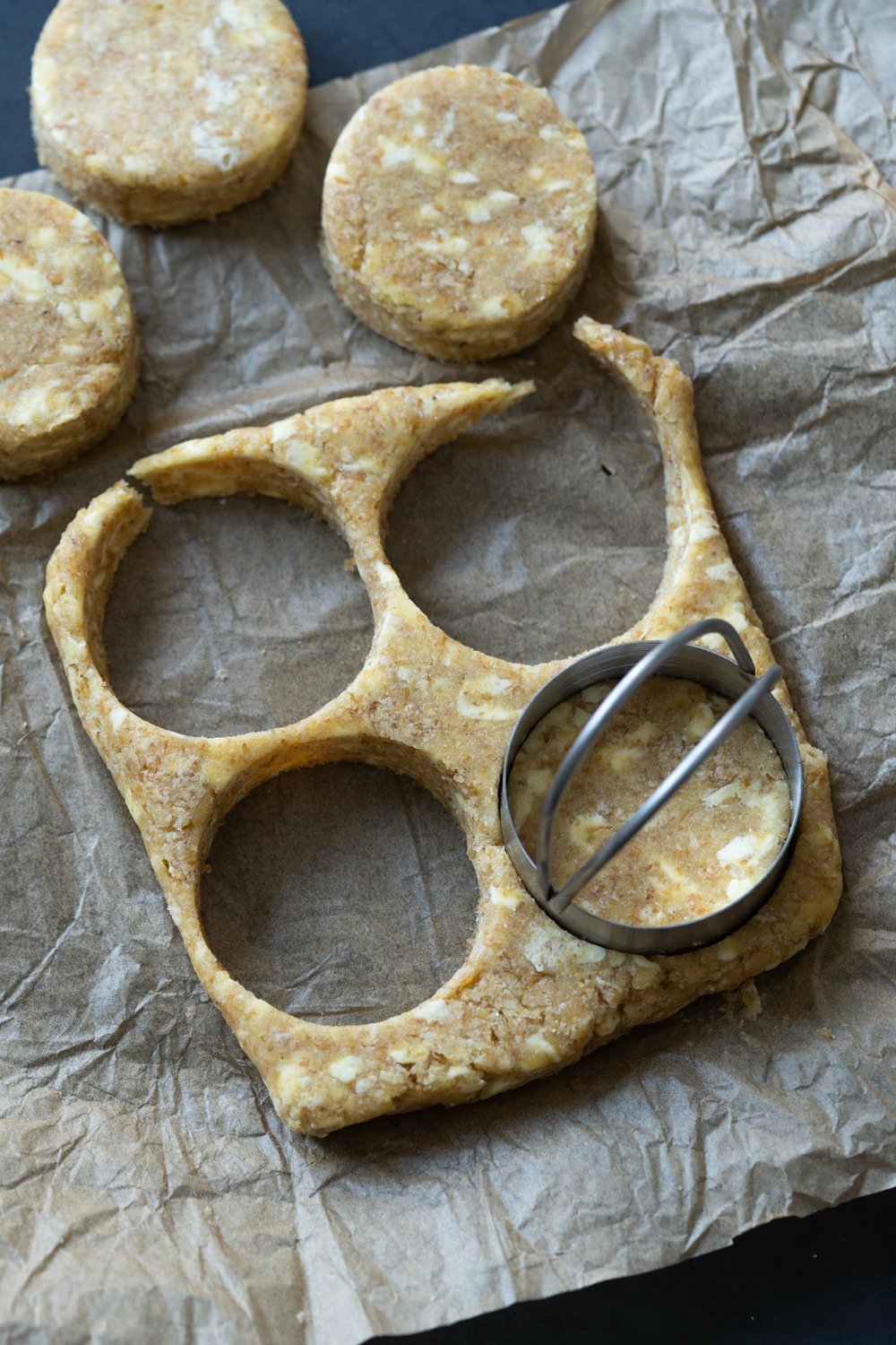 Cutting in keto shortcake rounds with a pastry cutter