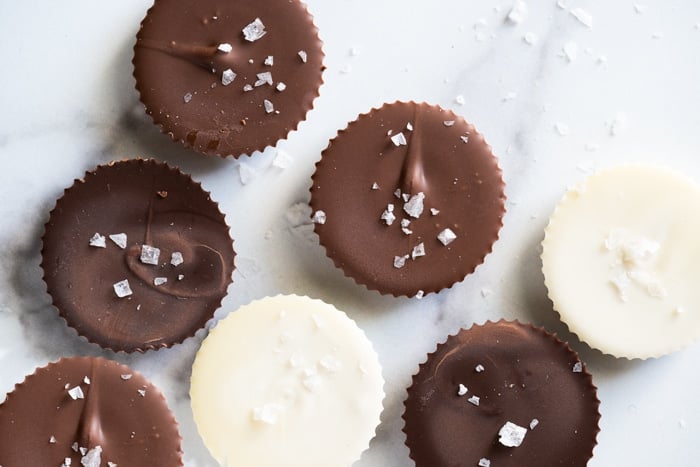Keto peanut butter cups with three types of chocolate