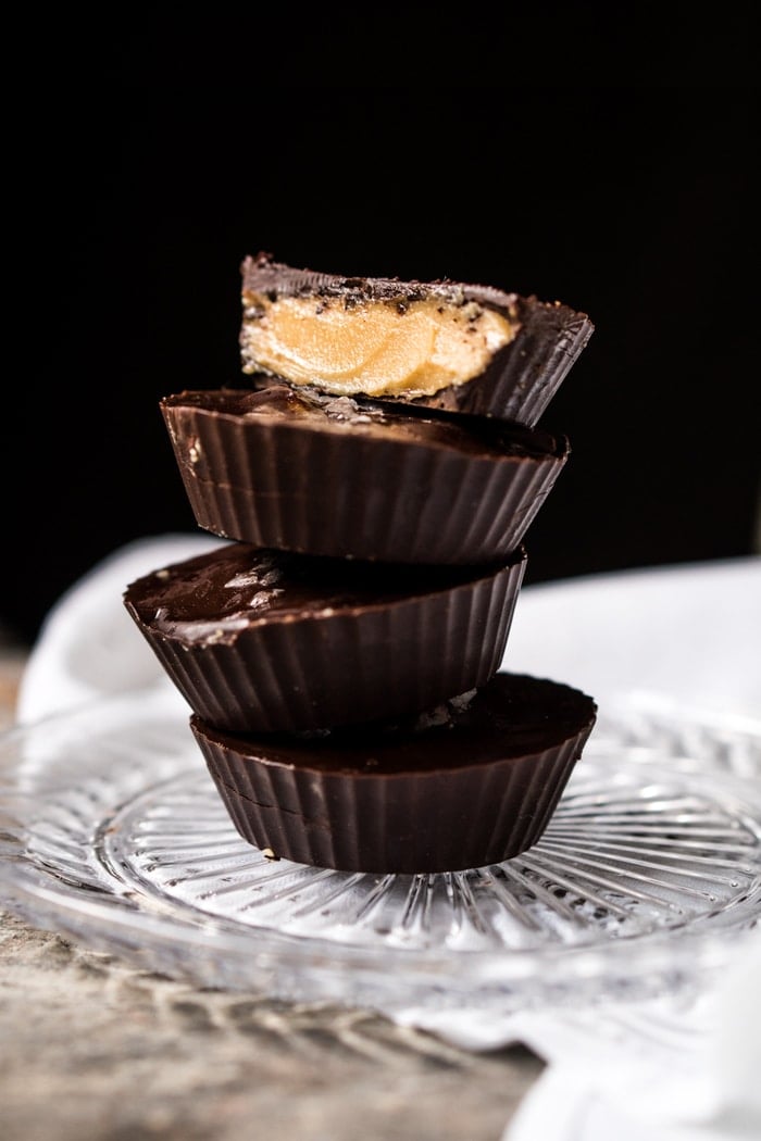 Stack of dark chocolate keto peanut butter cups