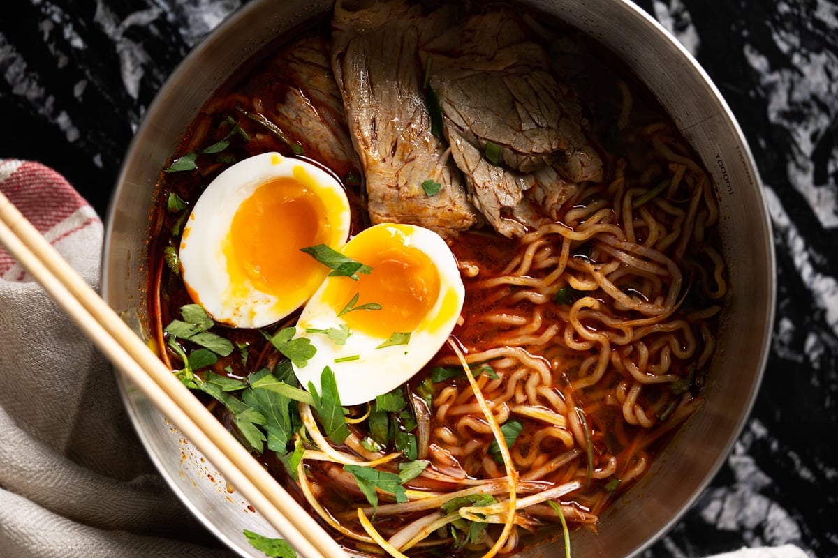 Paleo and keto ramen with shirataki noodles, beef and a soft boiled egg
