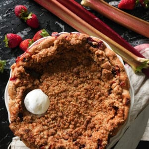 Keto strawberry rhubarb crumble with a flaky gluten free pie crust