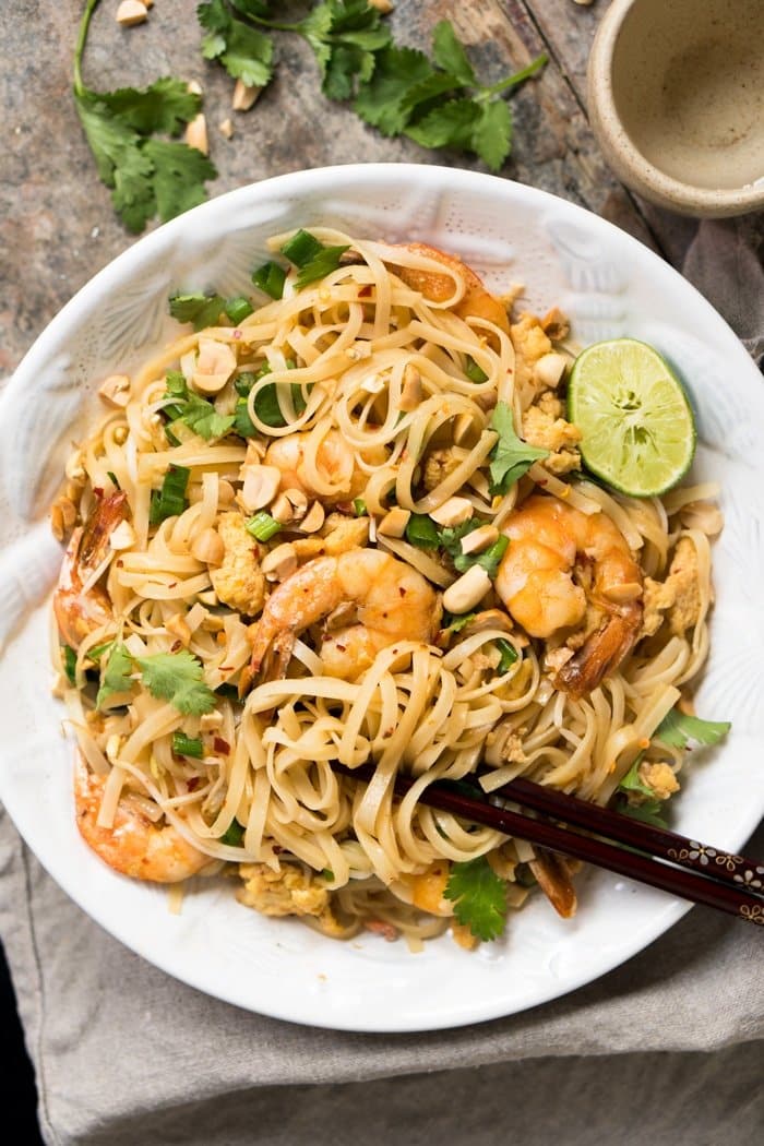 A bowl of keto pad thai with shirataki noodles and shrimp