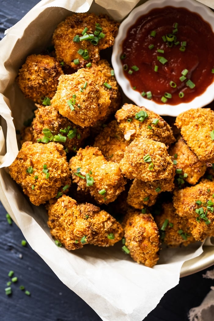 Keto chicken nuggets with sugar free ketchup and chives