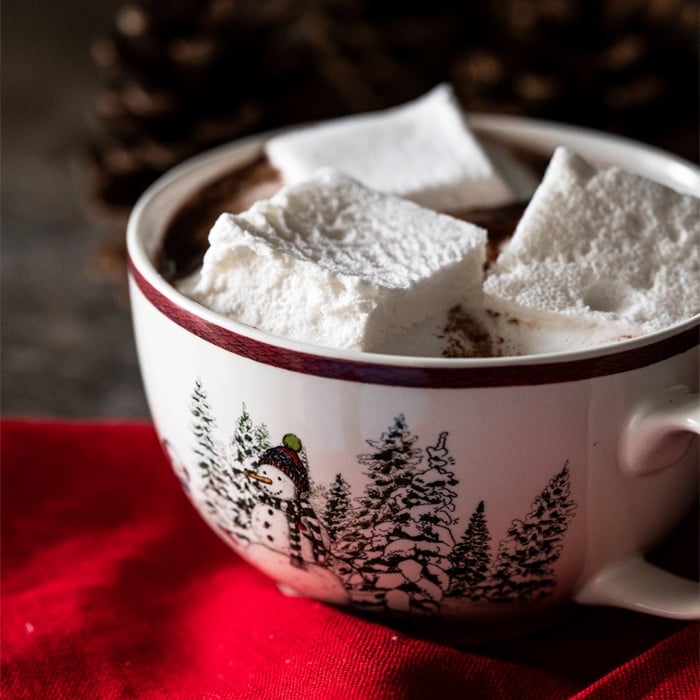 Keto hot chocolate with marshmallows in a snowman mug