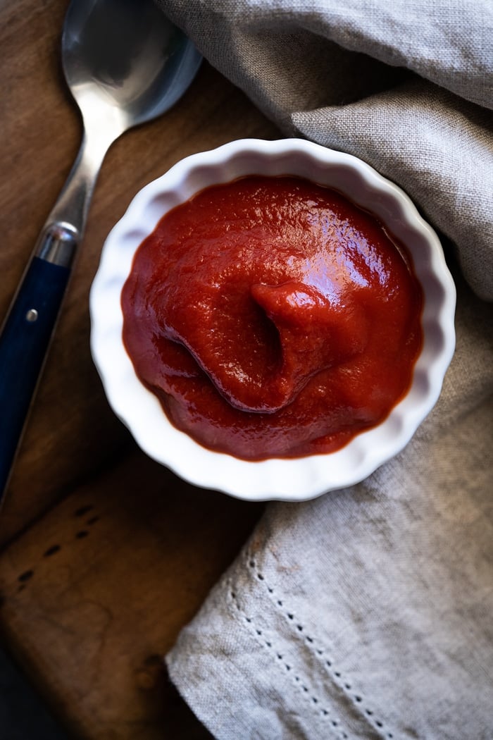 Keto ketchup on a white serving dish