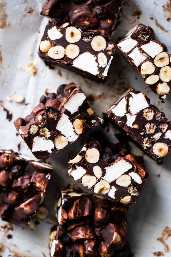 Paleo rocky road slices over parchment paper