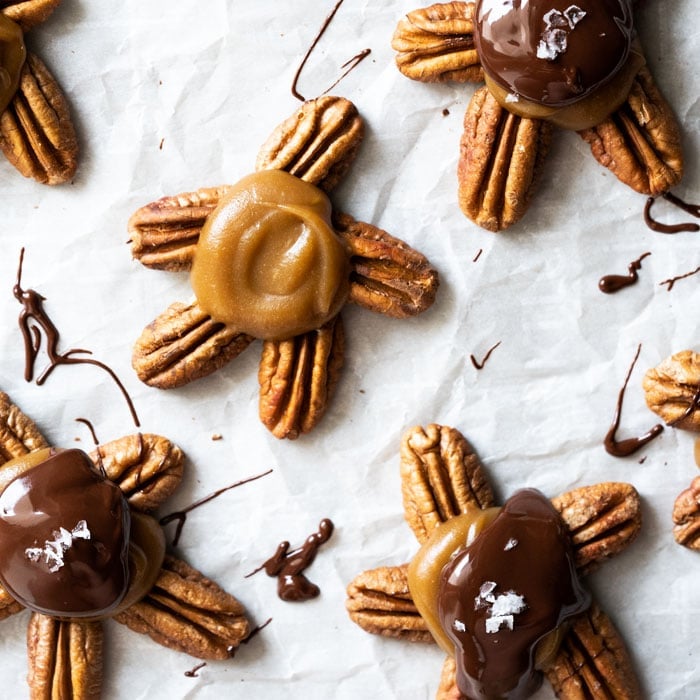 Pecan keto turtle candy with salted caramel