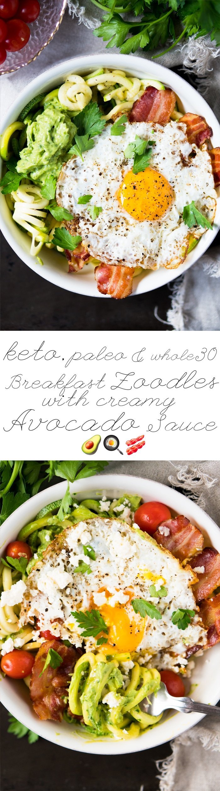 Paleo, Whole30 & Keto Breakfast Zoodles 🥓🍳🥑 with creamy avocado sauce! #ketobreakfast #whole30